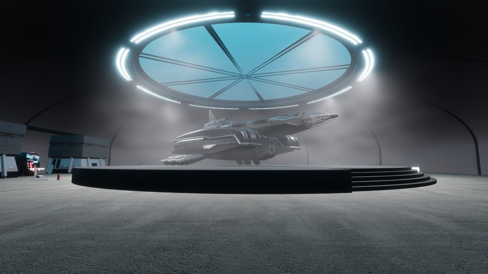 Starship Crafter atölyesinin hangar platformunda bir uzay gemisi